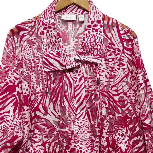 Chicos 3 Womens Sheer Zip Jacket XL Pink White Animal Print Drawstring Boho Chic - Picture 3 of 13